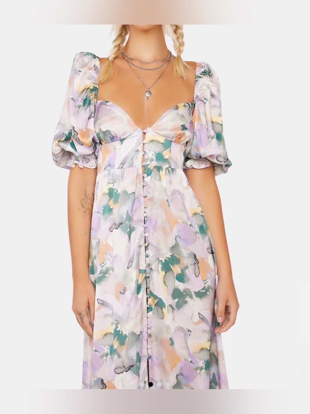 For Love and Lemons- Floral Puff-Sleeve Maxi Dress- Lavender & Green- never worn - Picture 3 of 7